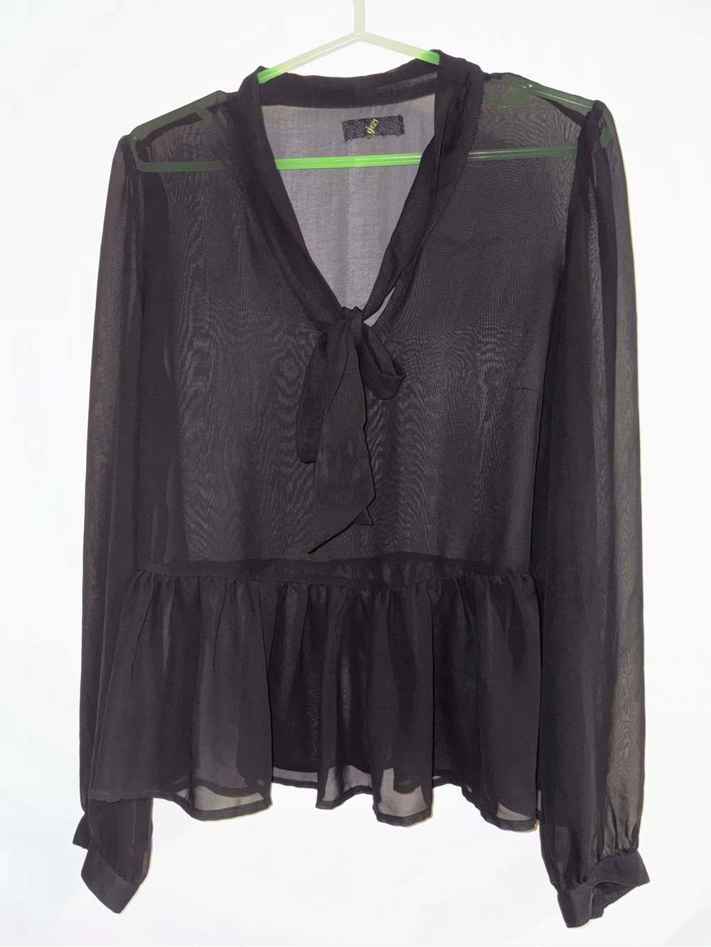 Sheer Black Tie-Neck Peplum Blouse - Women